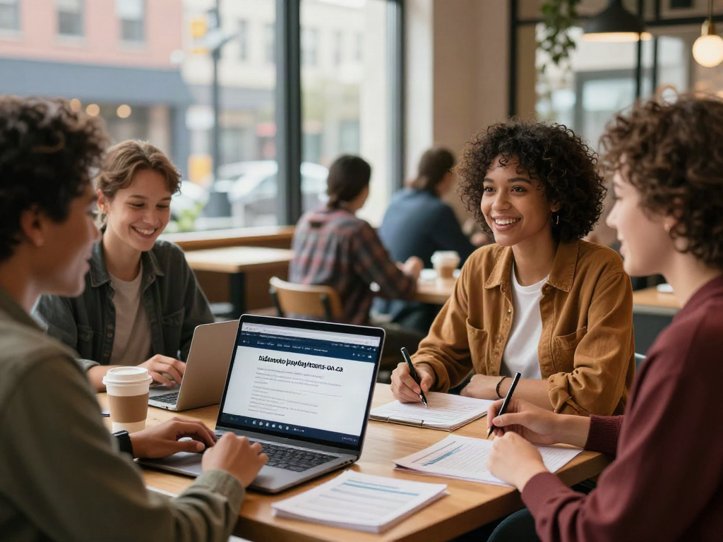 People discussing payday loans at a café table, showcasing https://edmonton.paydayloans-on.ca/ in action.