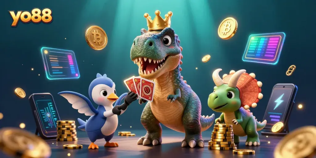 Experience thrilling gaming action with yo88 in a vibrant illustrated casino scene filled with crypto elements.