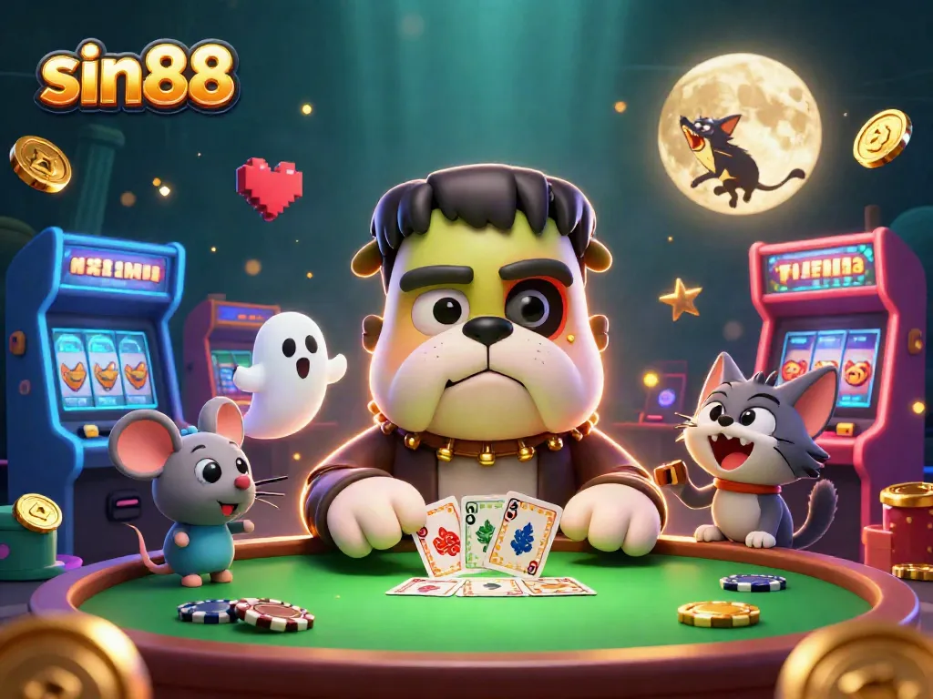 sin88 showcases a lively casino scene with Frankenstein bulldog and werewolf kitten gambling joyfully.