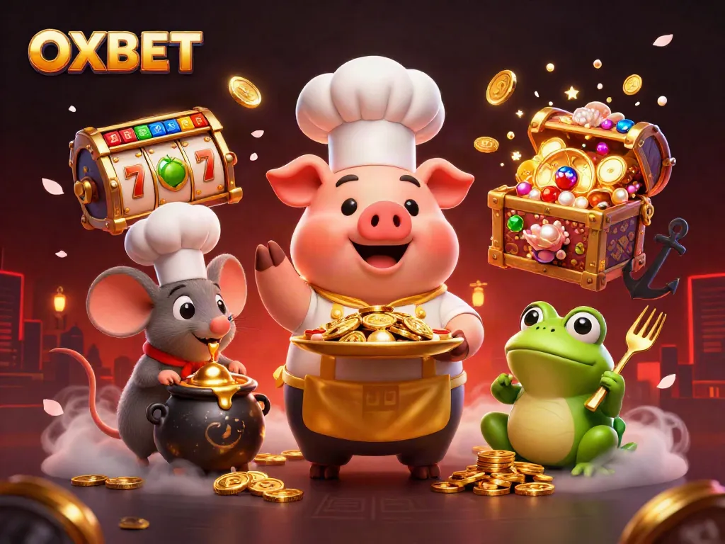 Experience the excitement with OXBET, featuring a chef pig and treasures in a vibrant 3D casino scene.