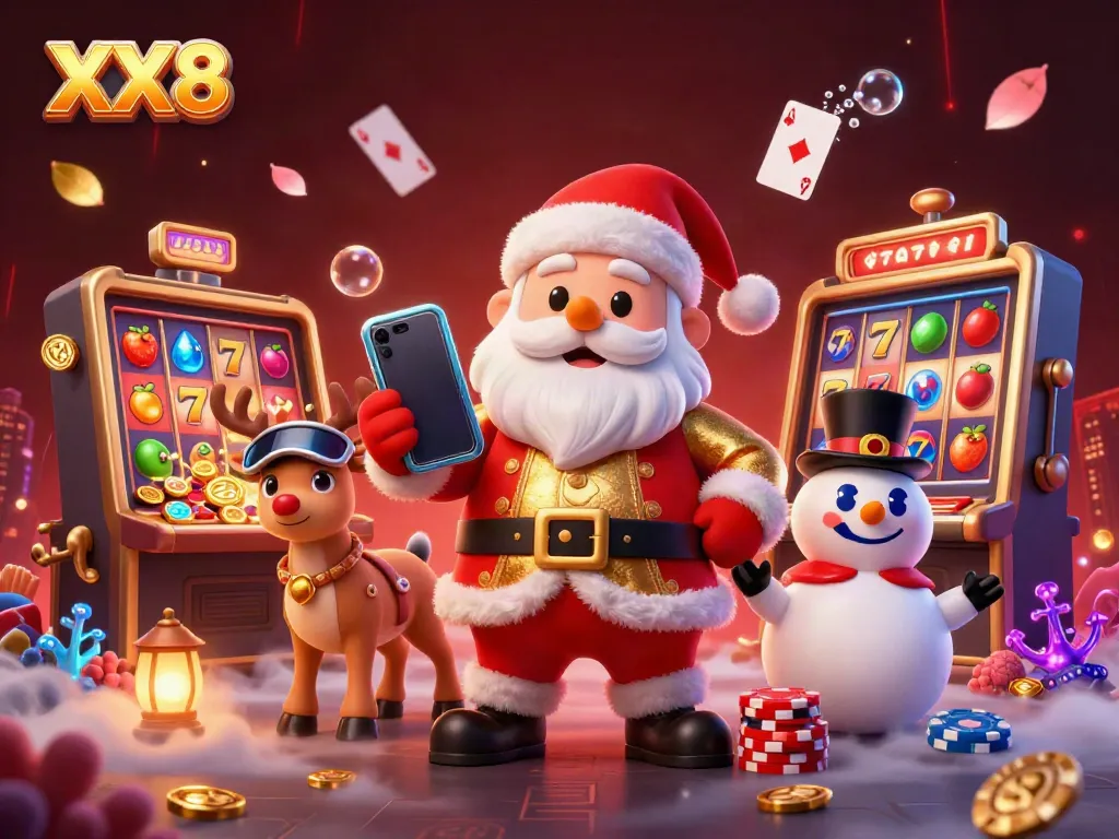 Join Santa, his reindeer, and a snowman celebrating at XX8, surrounded by slot machines and golden treasures.