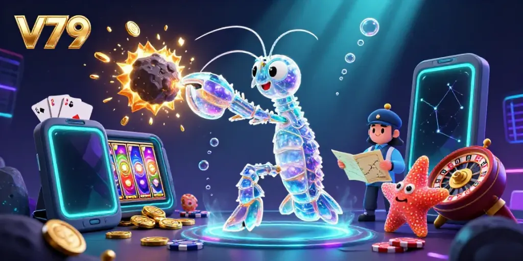 Experience the excitement of V79 as the mantis shrimp bursts through an asteroid, revealing gems and coins, amidst vibrant gaming elements.