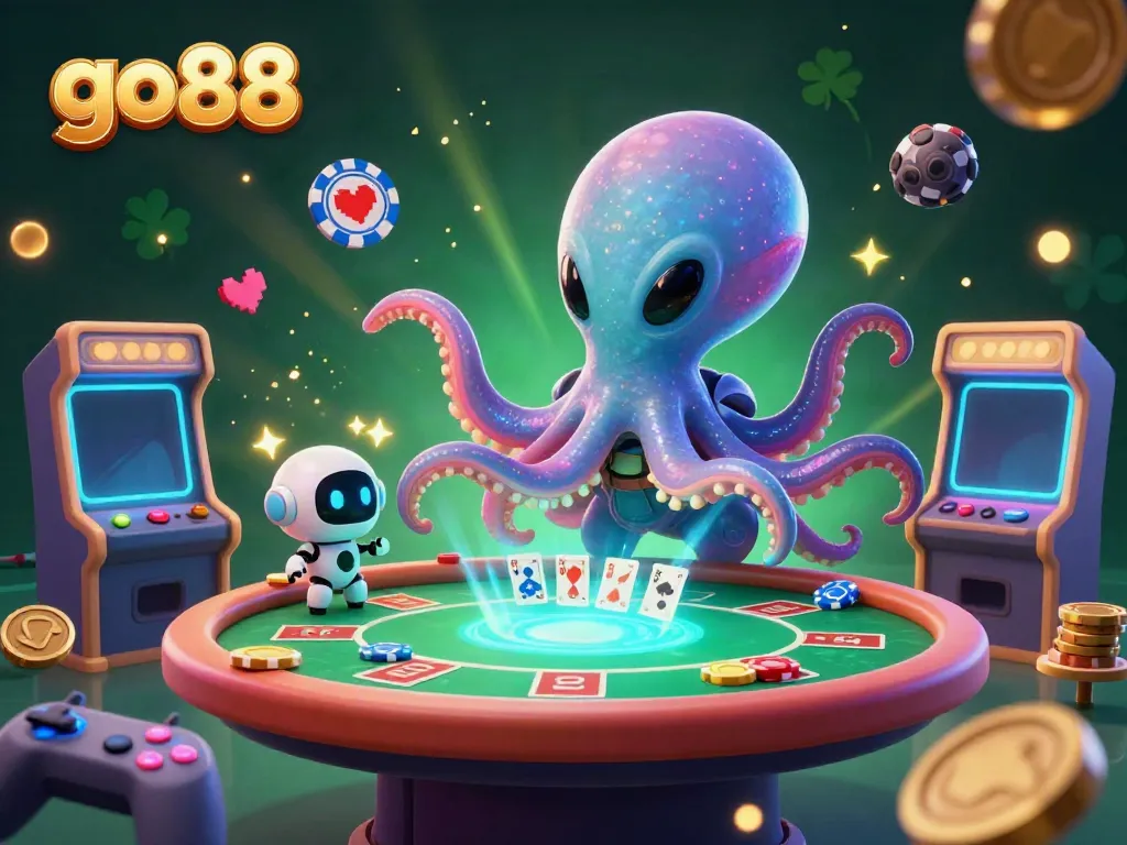 Experience thrilling poker action at go88 with a vibrant alien octopus and robot companion.
