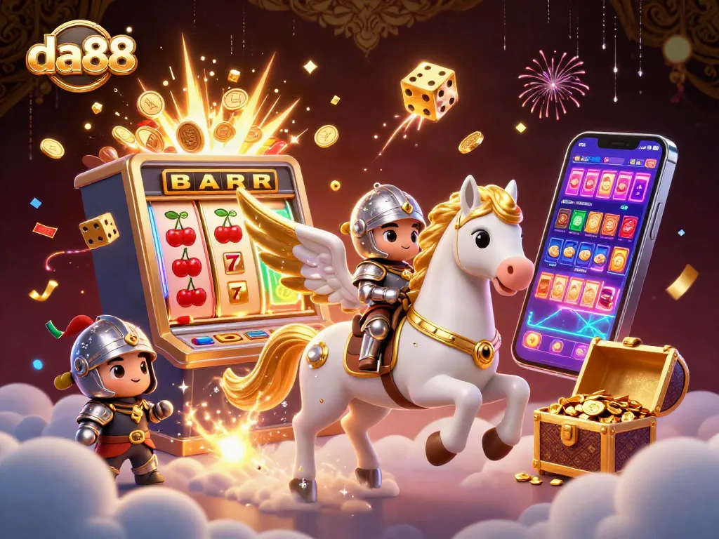 Win big with da88 at the casino featuring a magical scene with a celestial horse and slot machines!