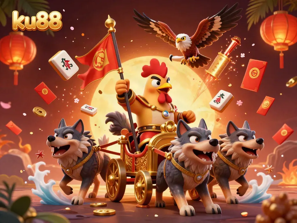 Experience the thrill of ku88 with a dynamic illustration of a rooster warlord in a casino-themed scene.