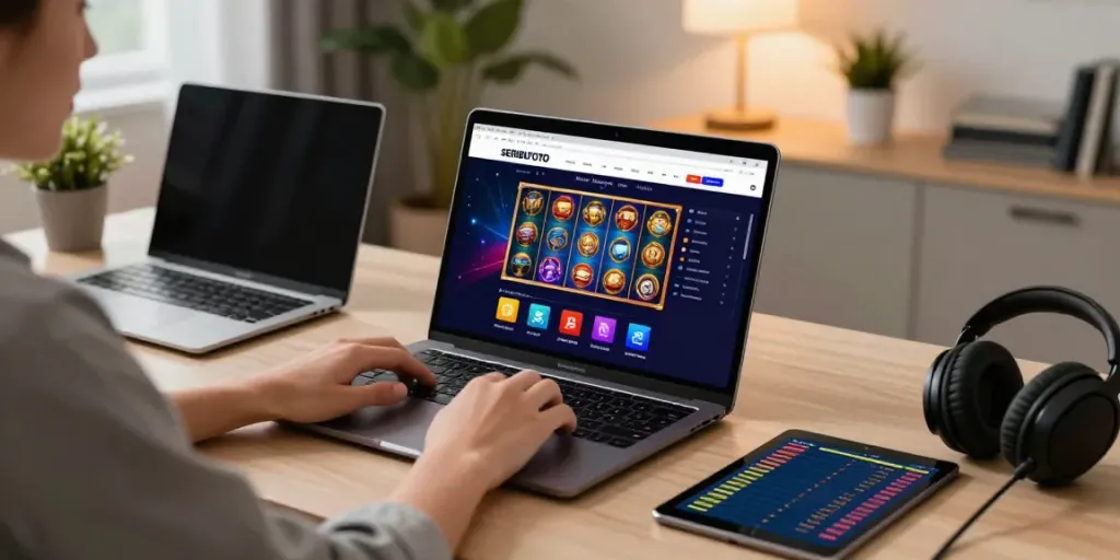 Pengguna menikmati pengalaman bermain di SERIBUTOTO dalam suasana kantor rumah yang nyaman.