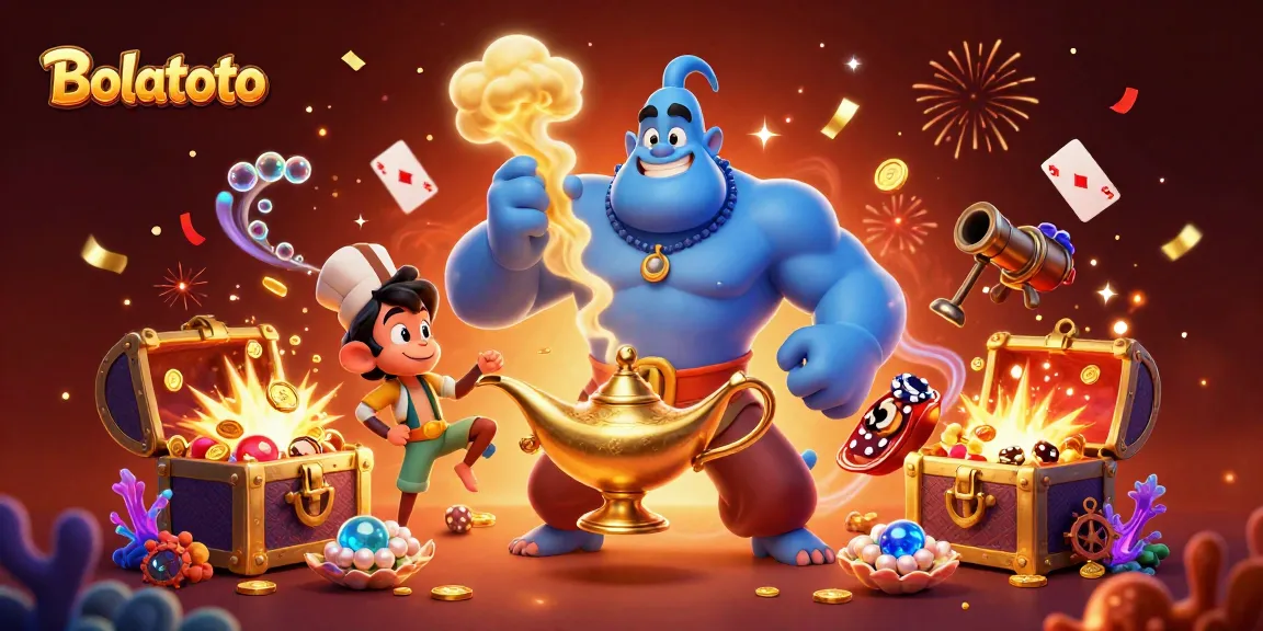 Engage in thrilling gameplay with Bolatoto, where a genie, treasure and poker chips create excitement.