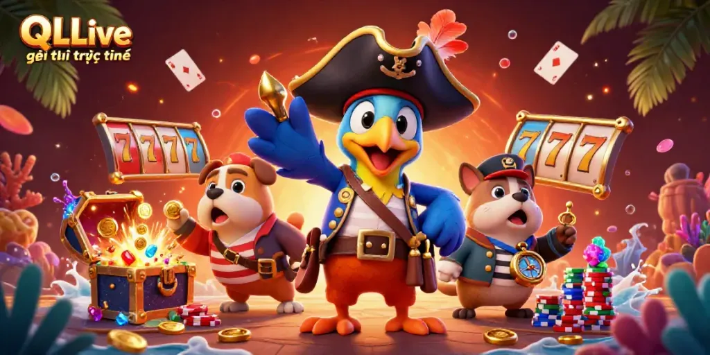 Experience thrilling gaming adventures with QQLive giải trí trực tuyến, as pirate characters engage in exciting slot games.