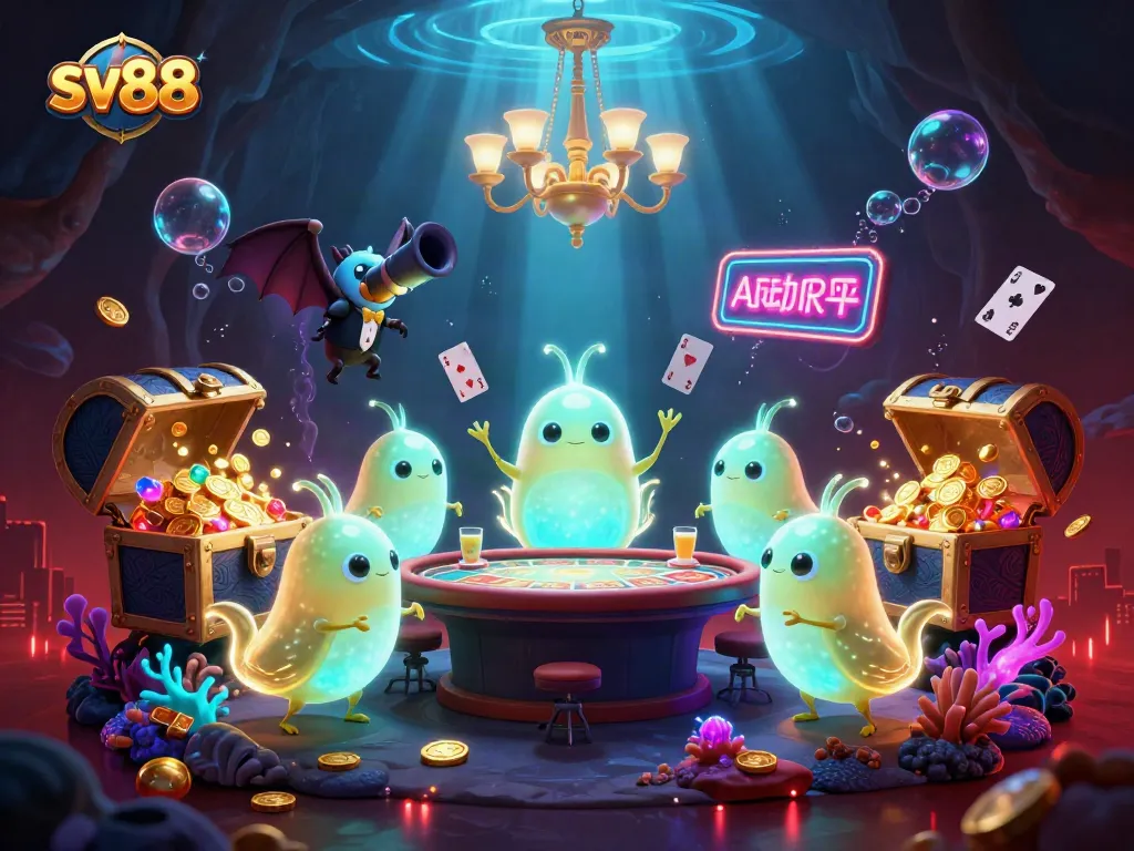 Experience gaming excitement at sv88 with a vibrant casino scene filled with gold and colorful treasures.