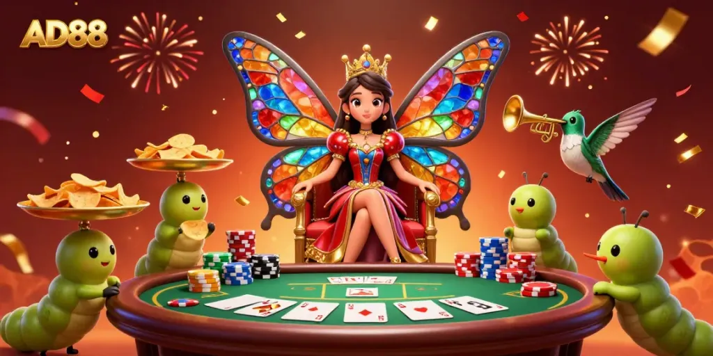 AD88 casino scene with a butterfly queen and poker elements creating a vibrant gambling atmosphere.