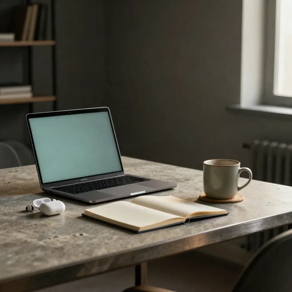 Laptop, słuchawki i kubek na kamiennym biurku w mrocznym kadrze konsultacji online.