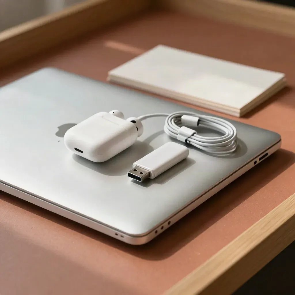 Zamknięty srebrny laptop, etui na słuchawki, pendrive i zwinięty kabel na ciepłej powierzchni.