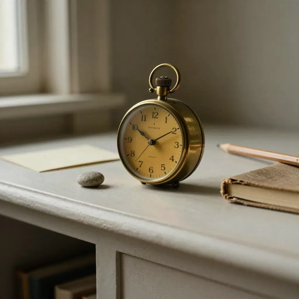 Brązowy timer, zużyty notes, krótki ołówek i kamienny przycisk na jasnej półce