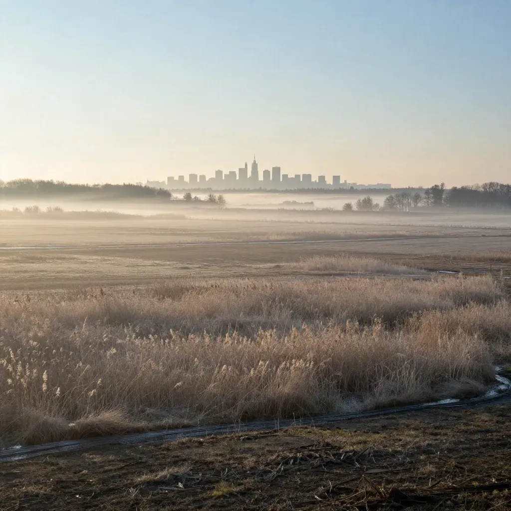 Świt nad Mazowszem z daleką Warszawą i niską mgłą nad polami.