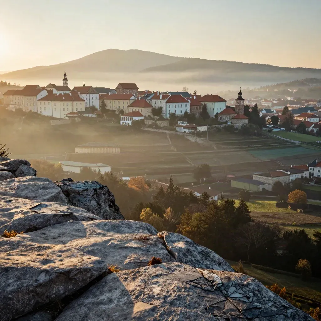 Świt nad Krakowem z Foothills, mgła w dolinie i grzbiet Tatr wysoko na horyzoncie.