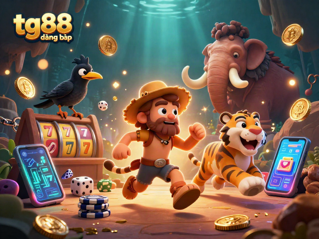 Engage with tg88 đăng nhập in this vibrant 3D casino scene showcasing a prehistoric duo with crypto elements.