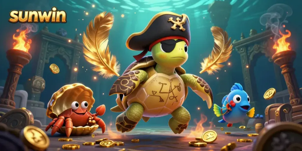 Experience the excitement of sunwin with a dynamic underwater casino scene featuring a colorful pirate turtle and treasure.