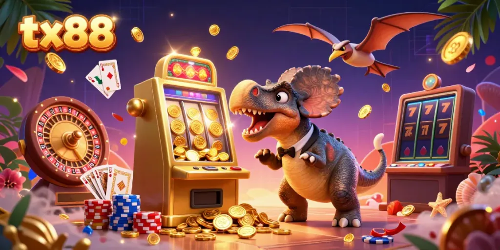 Experience the tx88 excitement as a cartoon dinosaur triggers a jackpot at the slot machine.