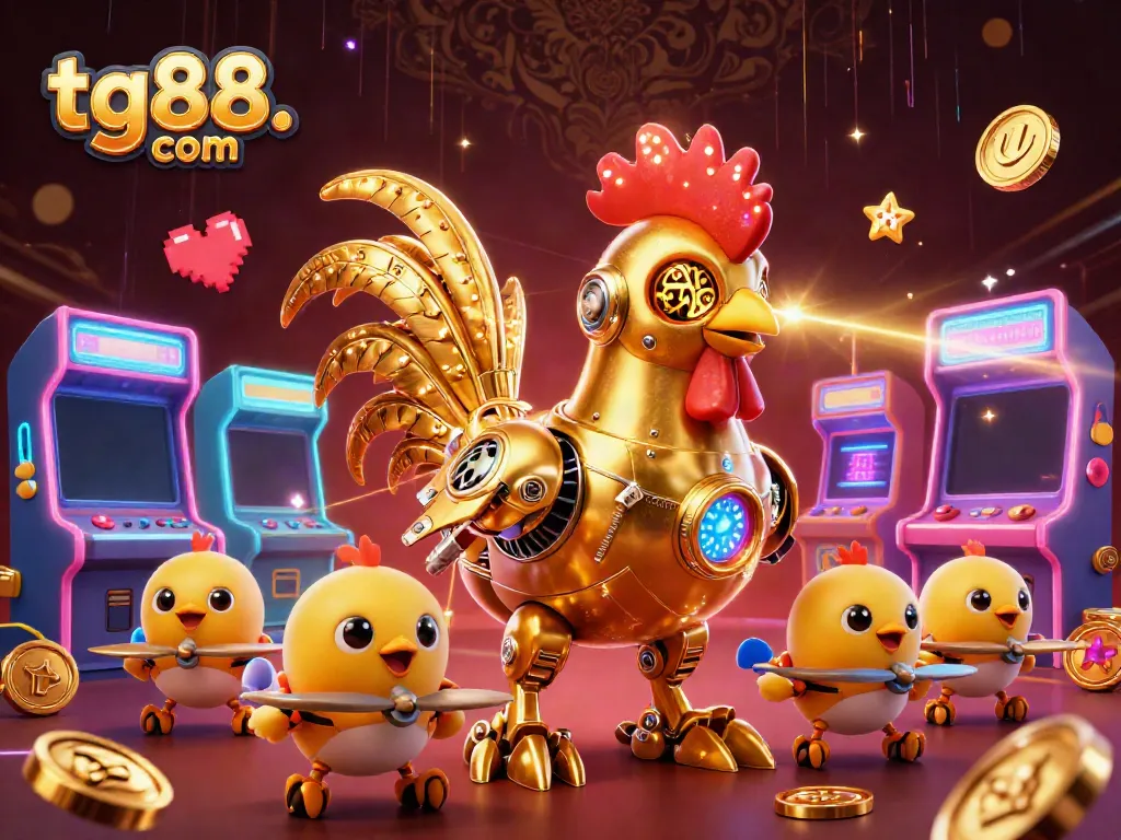Join immersive gaming excitement at tg88. com with a vibrant 3D illustration of a golden rooster robot and playful baby chicks.