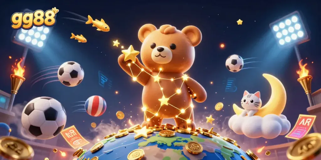 Experience the excitement of gg88 with a vibrant gaming scene full of coins, stars, and sports elements.