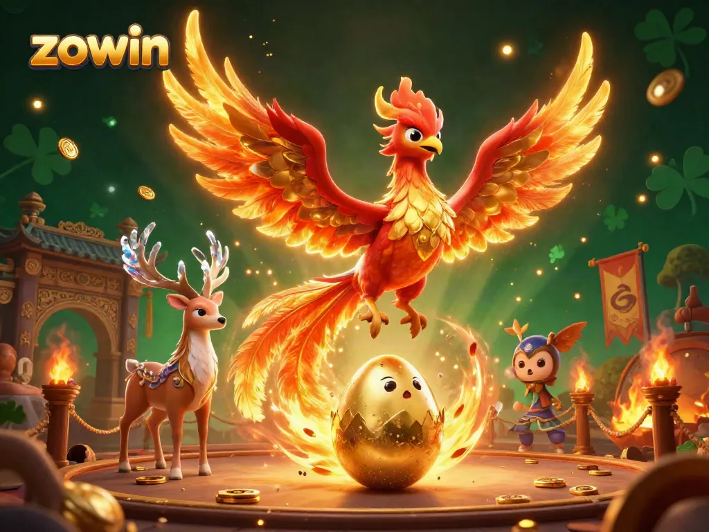 Zowin showcases a vibrant 3D scene with a dynamic phoenix and stag amidst gold coins and gaming elements.