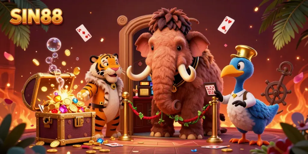 SIN88 bouncer checking IDs at a vibrant casino entrance with treasure and cards scattered around
