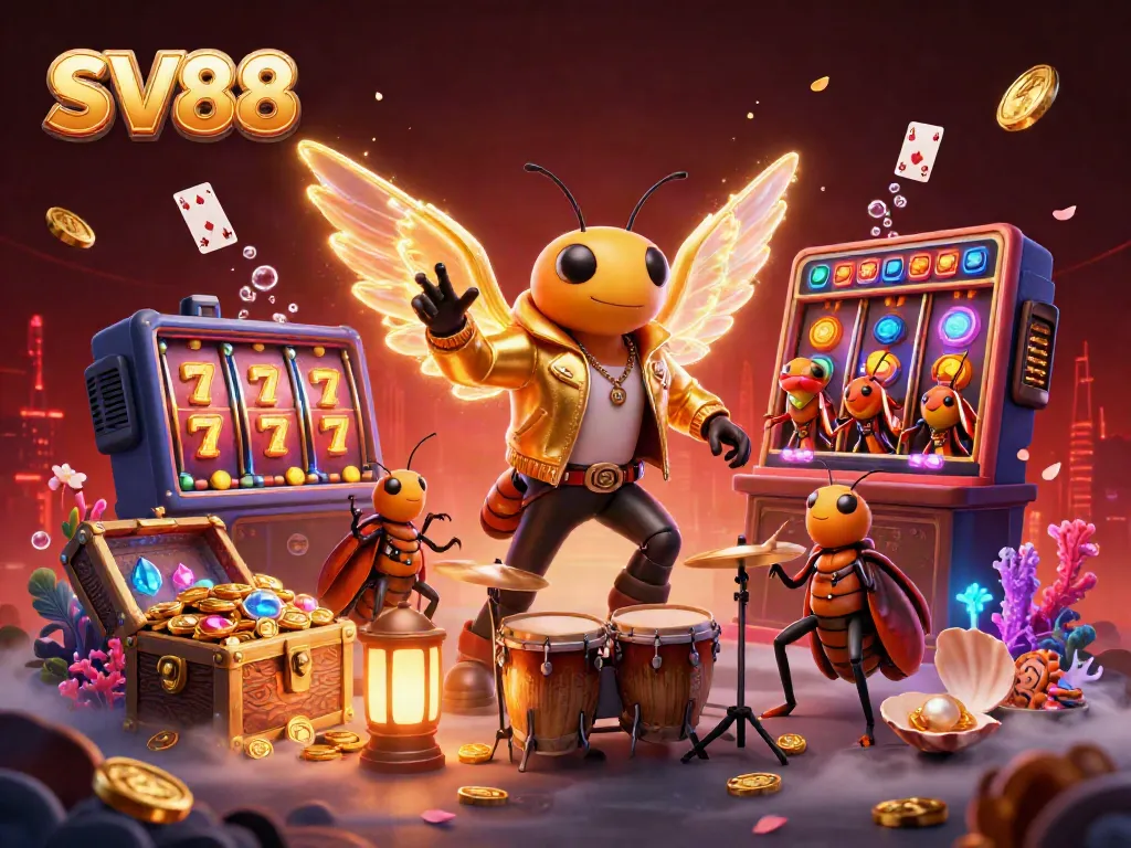 Experience the excitement with SV88's vibrant casino scene featuring lively characters and dynamic gaming elements.