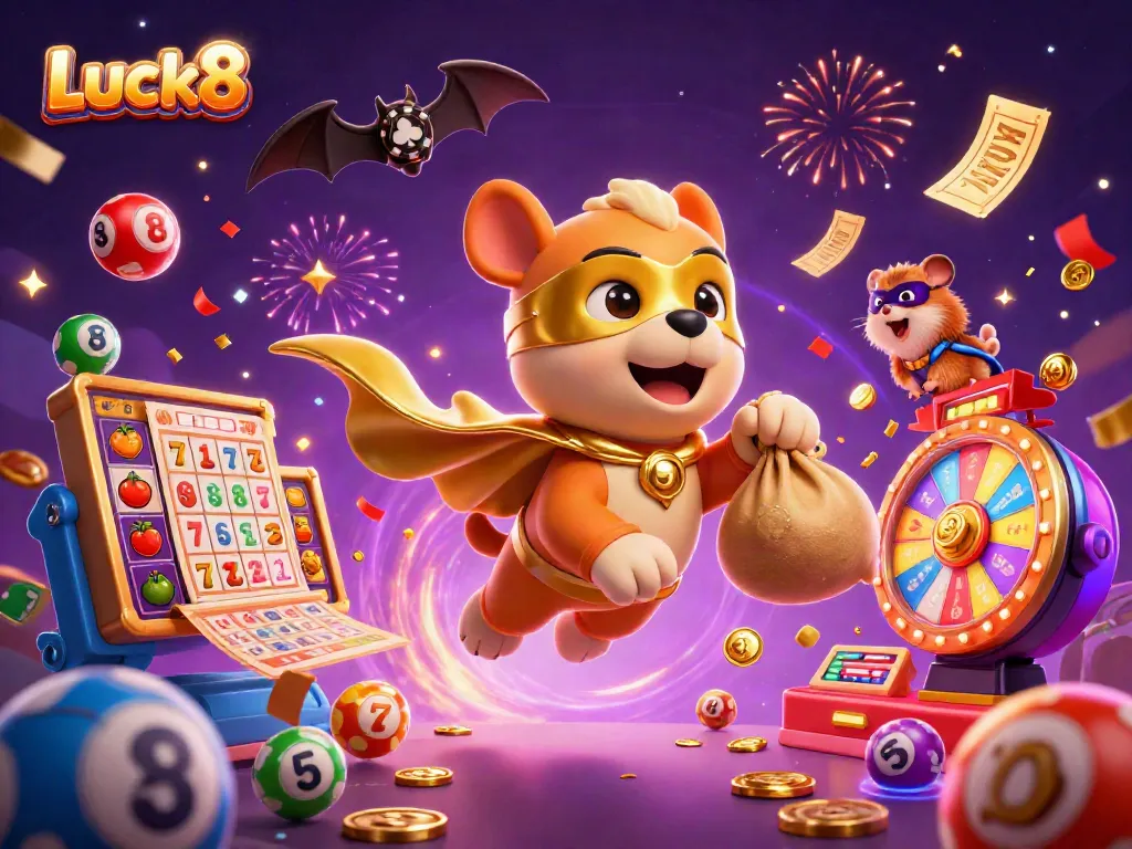 Luck8's lively superhero dog and sidekick highlight a vibrant casino scene filled with colorful lottery and slot game elements.