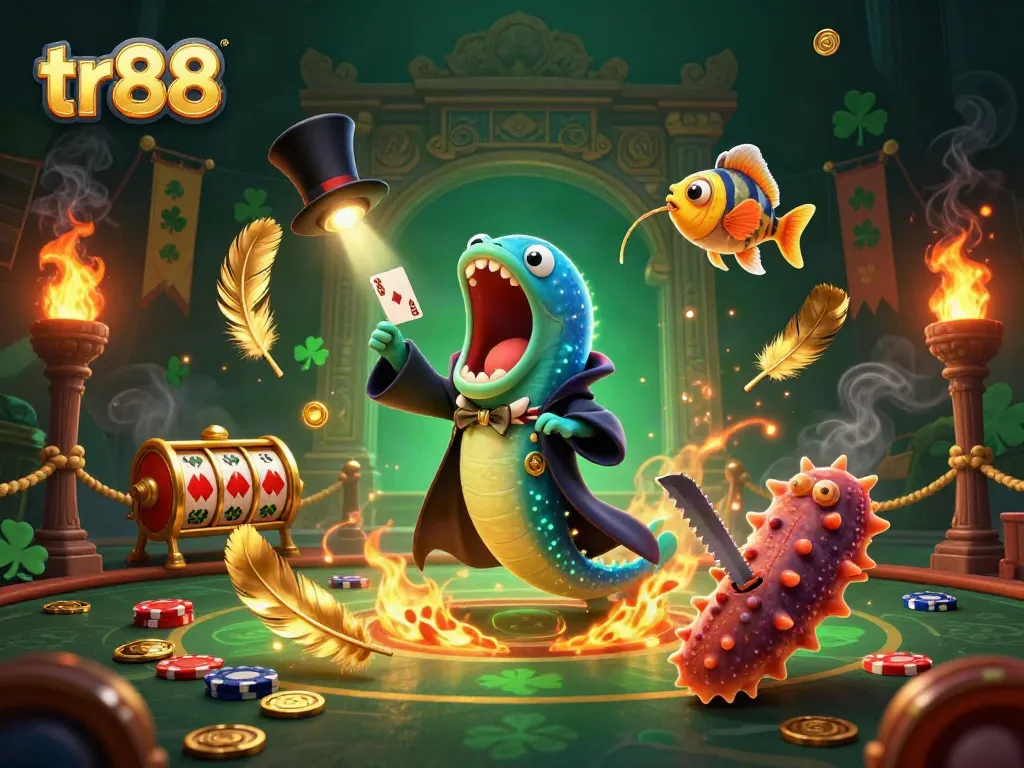 tr88's vibrant casino scene featuring a bioluminescent eel magician and dynamic gambling elements