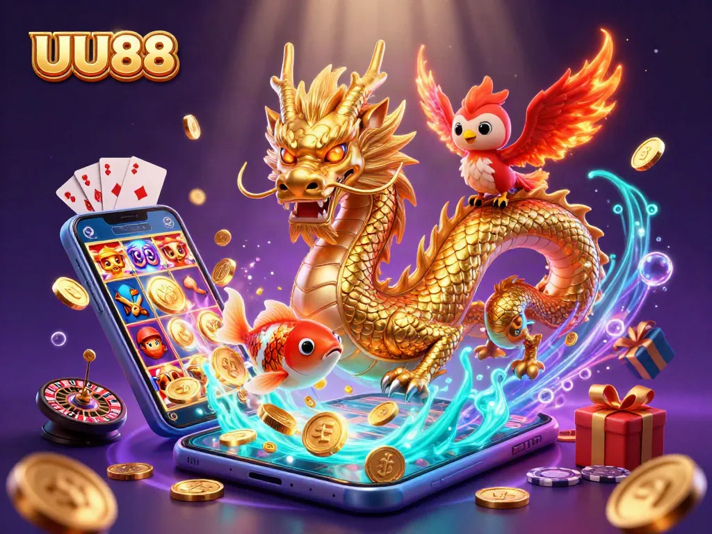 Experience thrilling gameplay with UU88 featuring a fierce golden dragon soaring through coins and slot games.