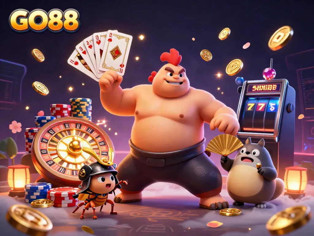 GO88 captivating 3D illustration of traditional characters in a vibrant casino atmosphere