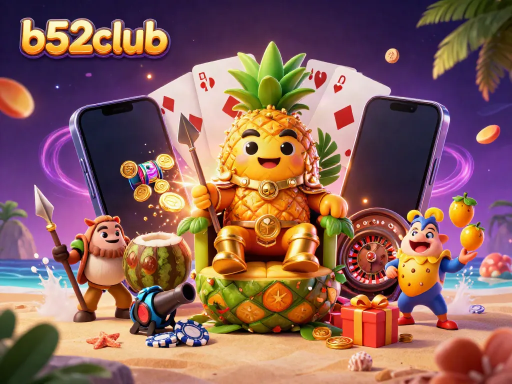 Engage with the vibrant b52club scene showcasing the pineapple king and casino elements.