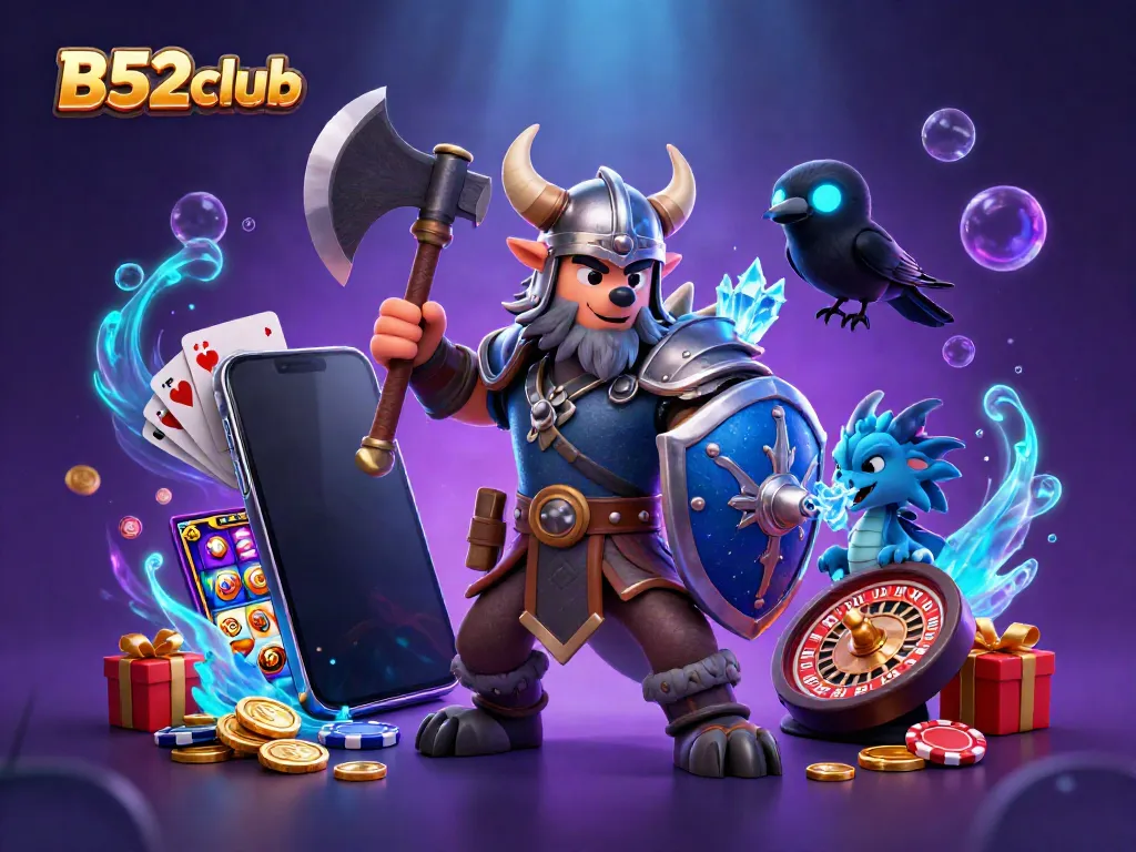 Engage with B52club's thrilling 3D illustration featuring a Viking wolf warrior, dragon, and casino elements.
