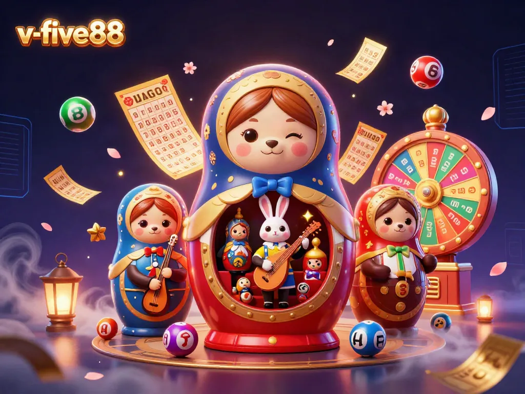 Engage in thrilling gaming at v-five88 with vibrant lottery balls and animated 3D casino elements.