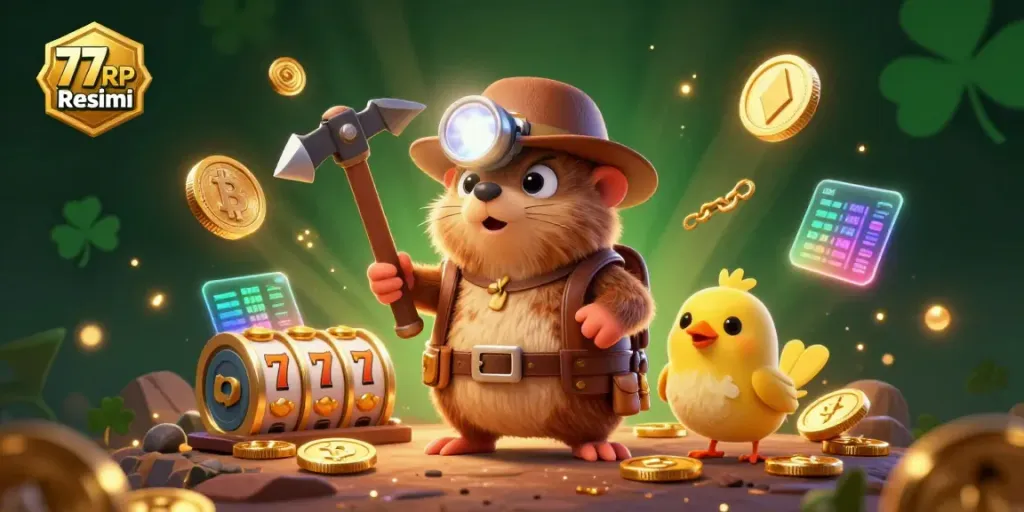 Experience thrilling gameplay with 77RP Resmi in this vibrant casino-themed illustration featuring a treasure hunter and slots.