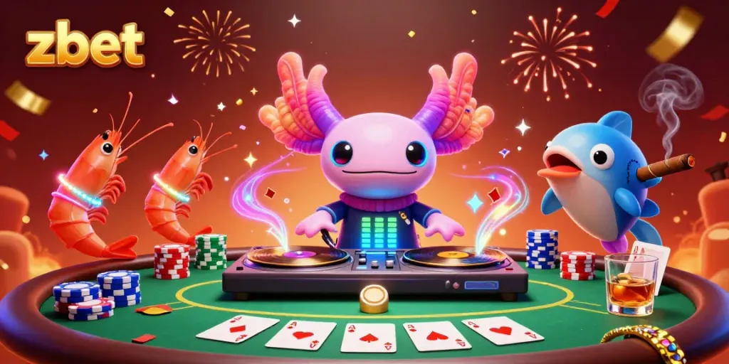 Experience vibrant gameplay dynamics as the axolotl DJ spins at zbet, surrounded by lively poker elements.
