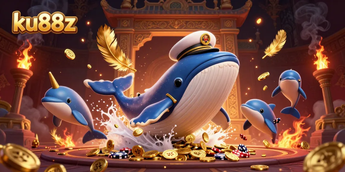 Experience exciting adventures at ku88z, featuring a captivating scene of a cartoon whale and poker chip dolphins!
