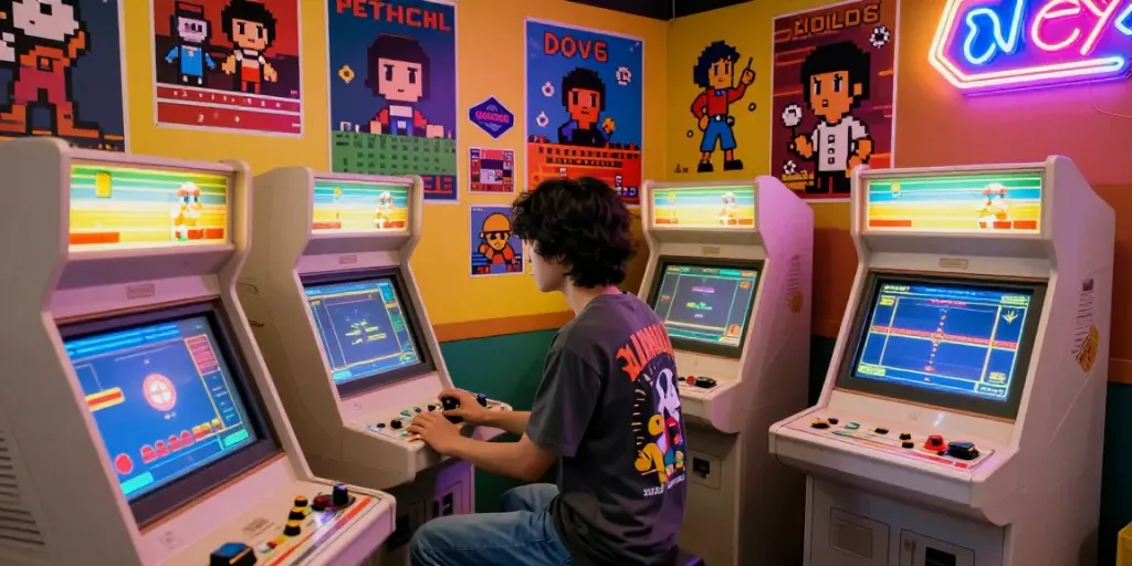 Playing retro games in a nostalgic gaming corner featuring classic consoles and vibrant posters, enriching the pecah404 experience.