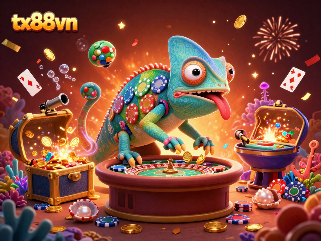 Experience vibrant gambling excitement at tx88vn with our colorful chameleon casino owner amid golden treasures.