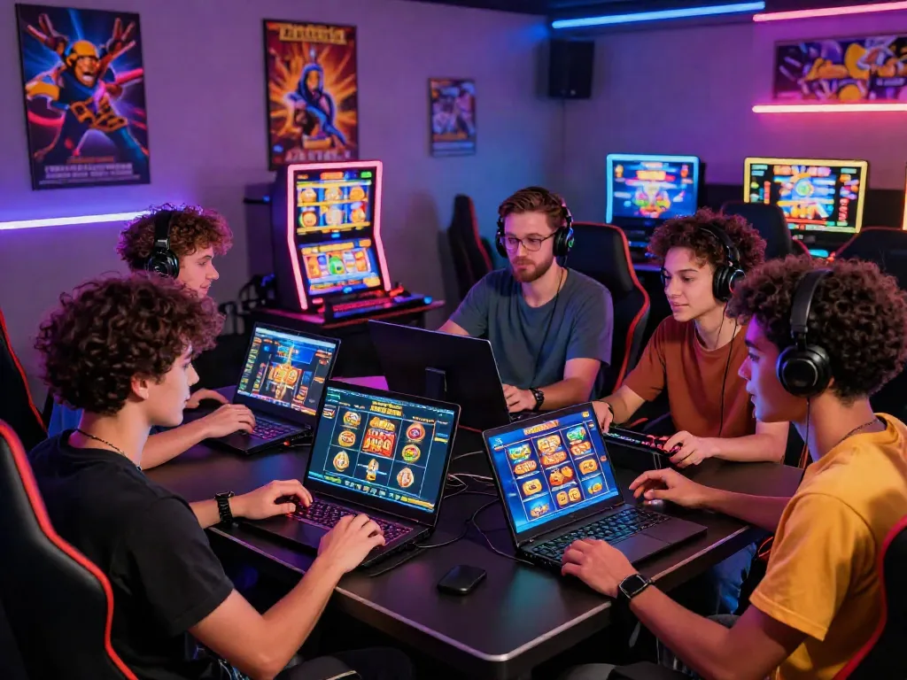 Engaged friends strategizing on high RTP slot gacor hari ini games in a vibrant gaming setup.