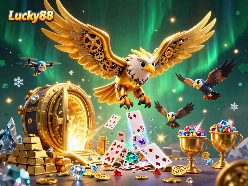 Experience the thrill of Lucky88 with a cybernetic eagle surrounded by treasures and vibrant casino elements.