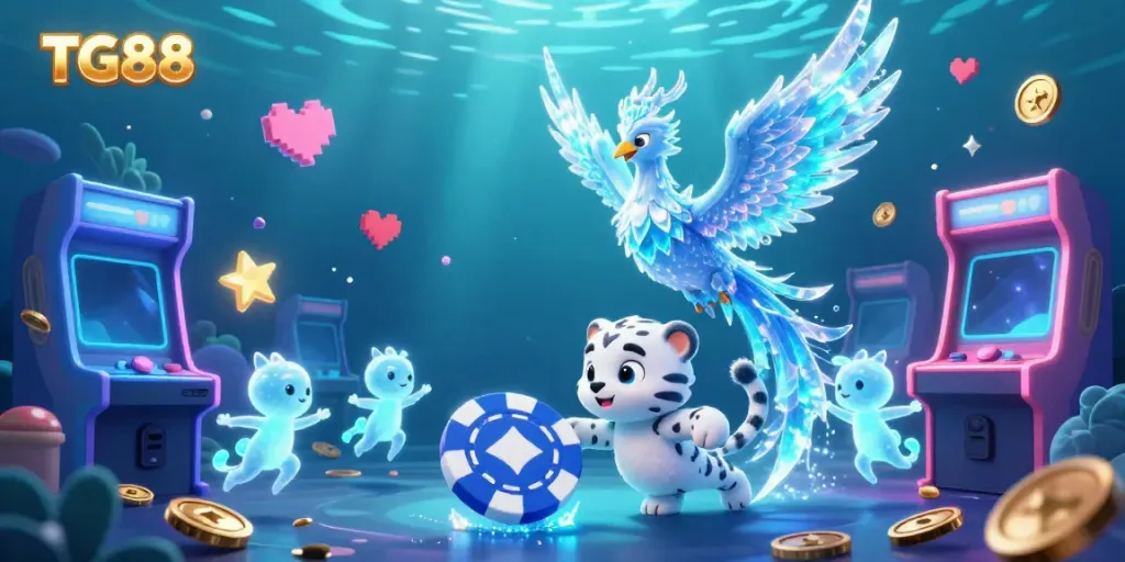 Experience the exciting gaming world of TG88 with a lively ice phoenix, snow leopard, and vibrant gaming elements.