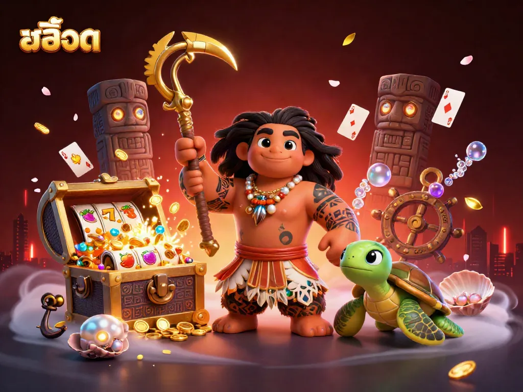 Play สล็อต with dynamic scenes featuring a Polynesian demigod and treasures in an immersive casino setting.