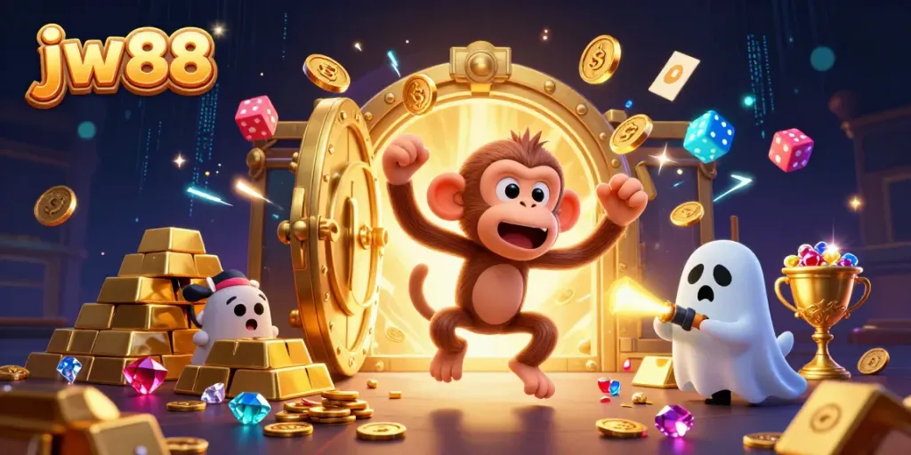 Experience the thrill of jw 88 with a lively casino scene featuring a mischievous monkey ghost and a curious puppy.