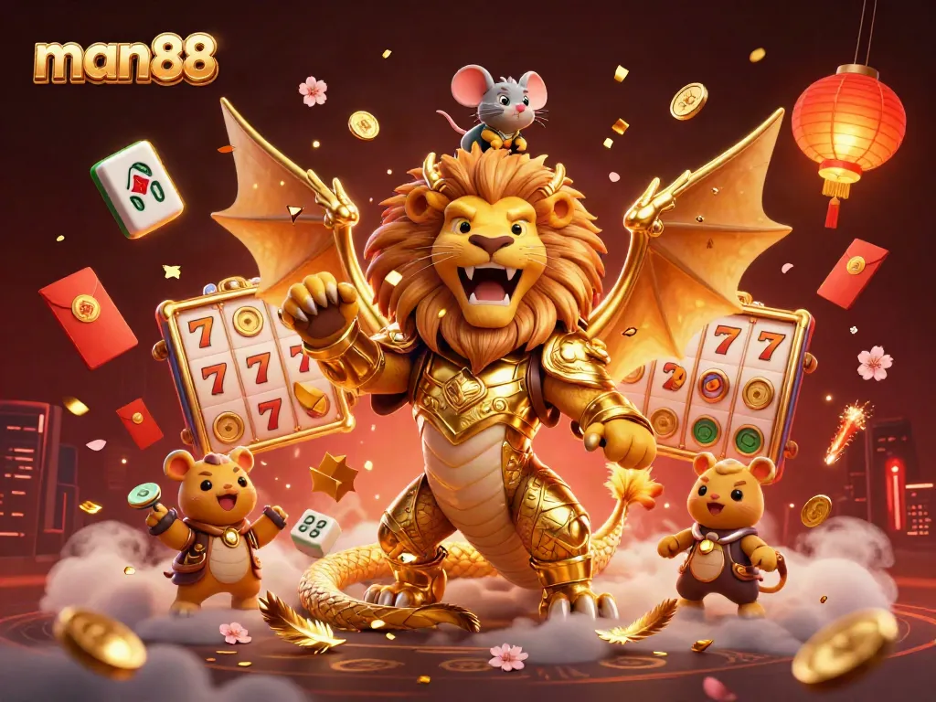 Experience thrilling slots with man88's lively chimera and mouse jockey in an ultra-detailed casino scene.