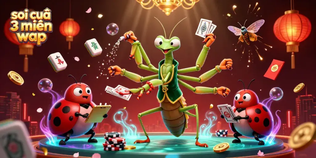 A dynamic scene showcasing the vibrant world of soi cầu 3 miền wap with playful characters and festive elements, perfect for gamblers.