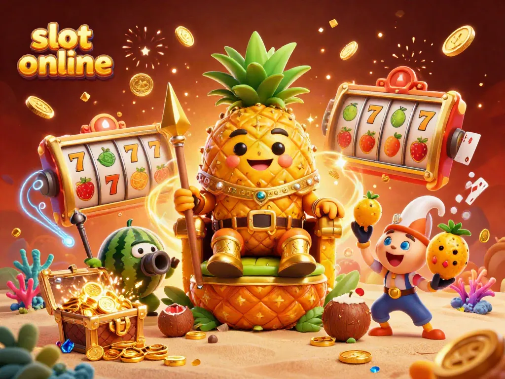 Experience the thrill of slot online with a vibrant 3D illustration of a pineapple king amongst gold coins and spinning reels.