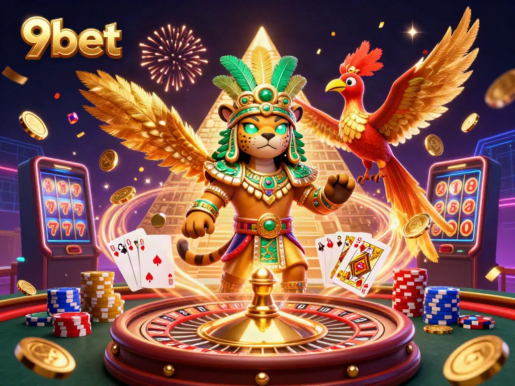 Experience the excitement of 9bet's vibrant casino atmosphere with colorful characters and dynamic game elements.