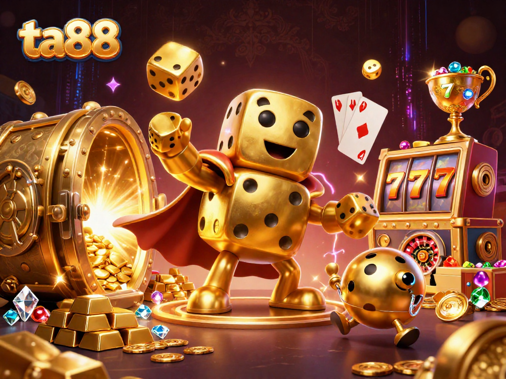 Engage with ta88's vibrant 3D casino scene, showcasing a golden dice golem and slot elements.