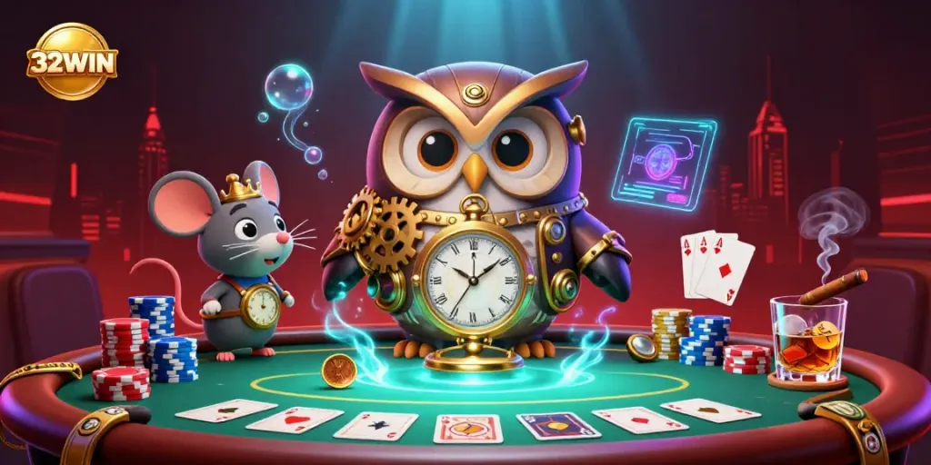 Experience thrilling poker gameplay with 32WIN's vibrant steampunk-themed casino illustration.